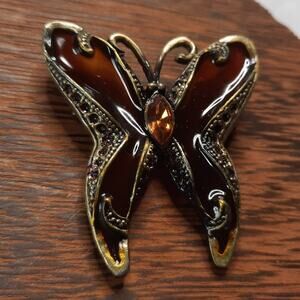 Opaque Brown Butterfly Pin/Brooch Matte Gold Setting